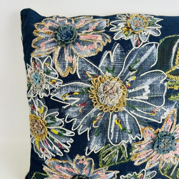 Pier 1 Imports Embroidered Floral Throw Pillow Boho Removable Cover Blue Decor - Picture 2 of 8
